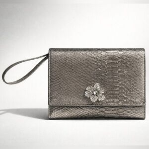 Neiman Marcus Silver Snake-embossed Wristlet, rhinestone & faux pearl accent